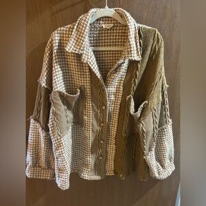 POL Long Sleeve Sweater Gingham Beige Shacket with Button Detail - Size Med